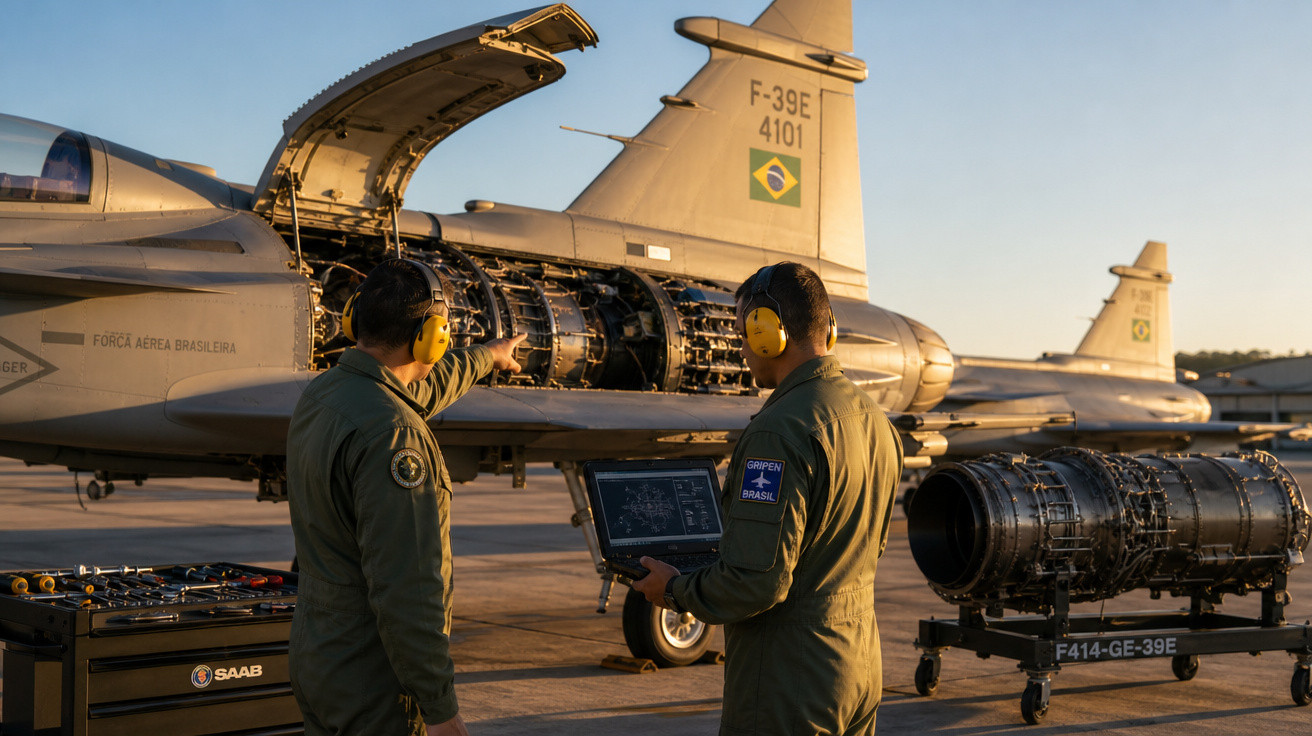 Dois técnicos da Força Aérea Brasileira inspecionam motor de avião de caça F-39E em hangar ao entardecer.