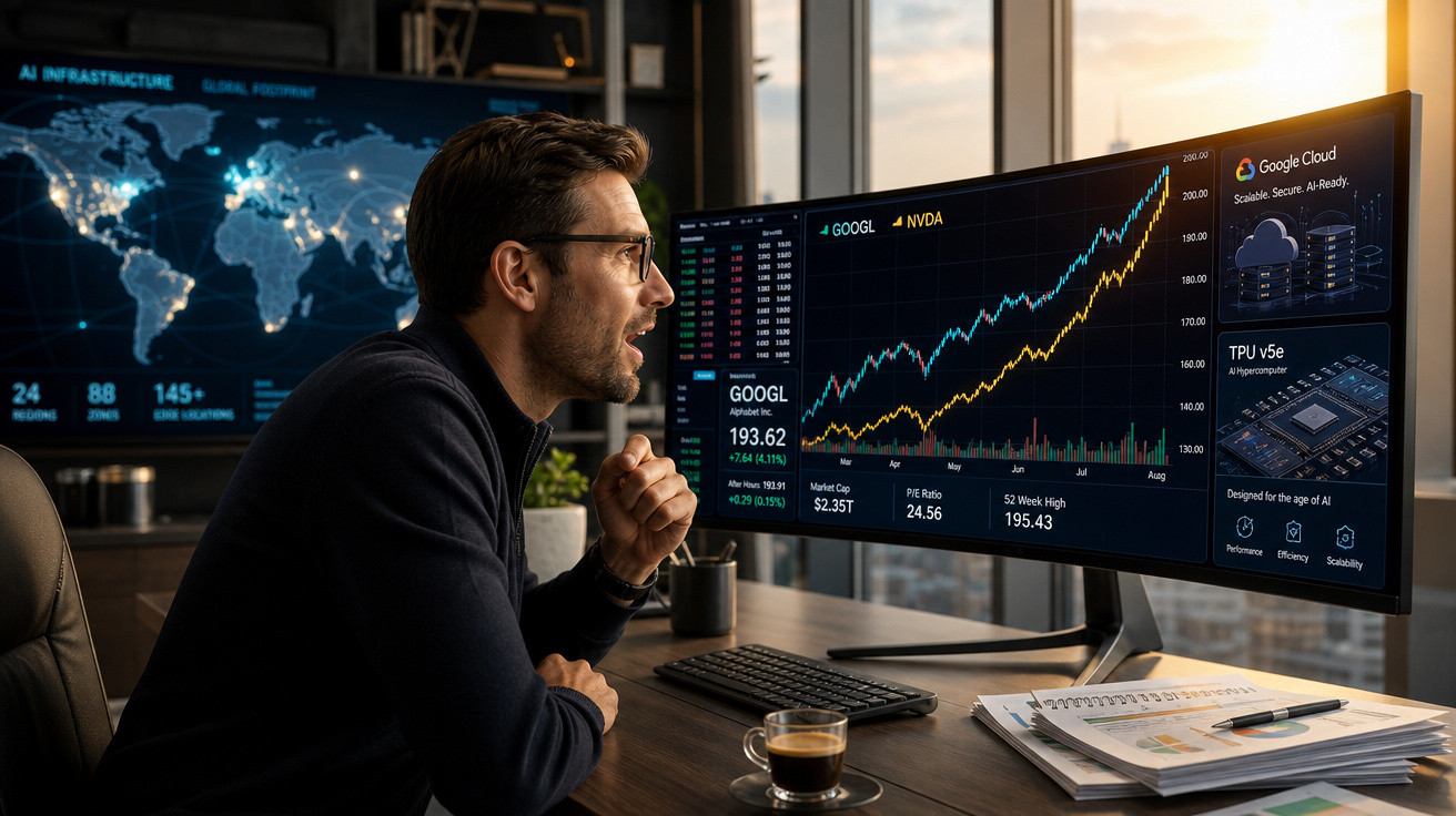 Homem de óculos analisa gráficos de ações em monitor grande num escritório moderno com vista para a cidade.