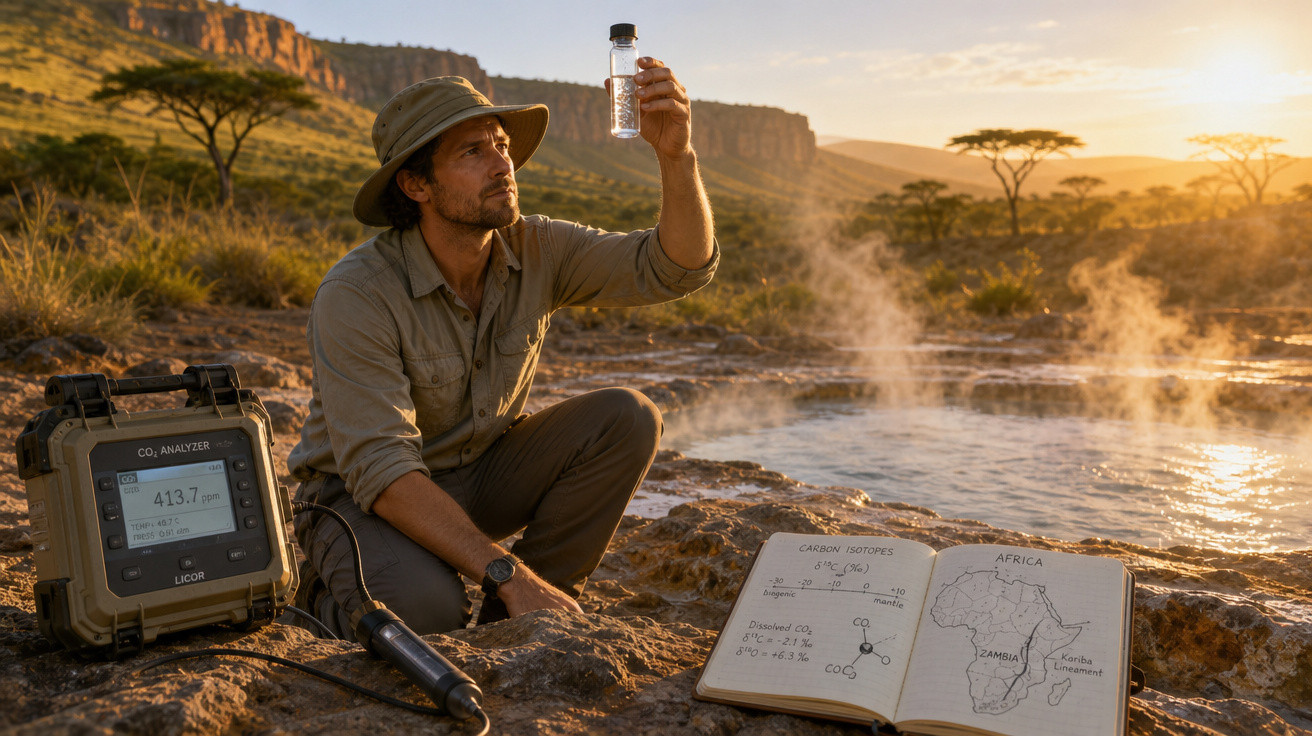 Homem em campo estudando amostra de água próxima a fonte termal ao pôr do sol, com equipamento e caderno de anotações.