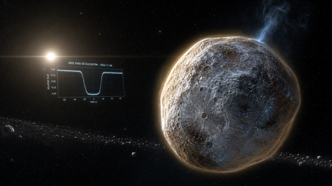 Asteroide no espaço com nuvem de gás e gráfico de dados ao lado durante ocultação estelar.