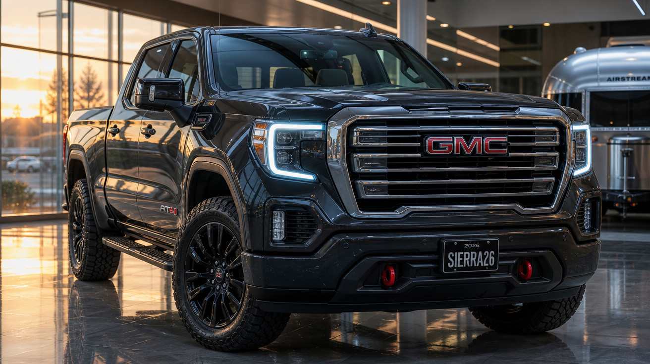 Picape preta GMC Sierra AT4 2026 em exposição interna com faróis acesos ao entardecer.