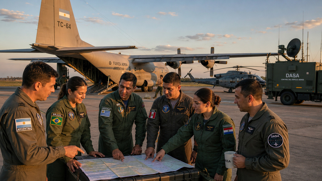 Seis militares de países da América Latina discutem mapa em pista com avião militar ao fundo ao entardecer.