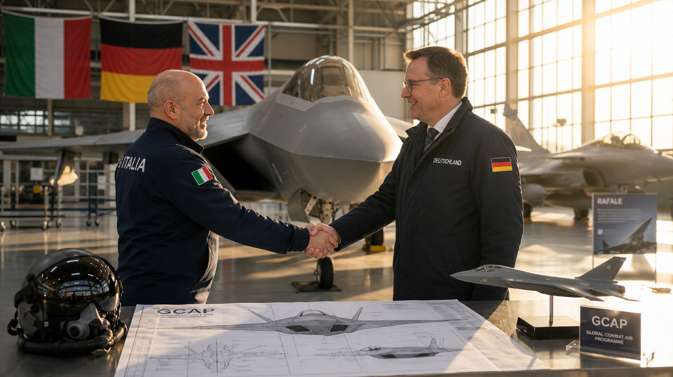 Dois homens com uniformes da Itália e Alemanha apertam as mãos em hangar ao lado de maquetes e plantas de aviões militares.