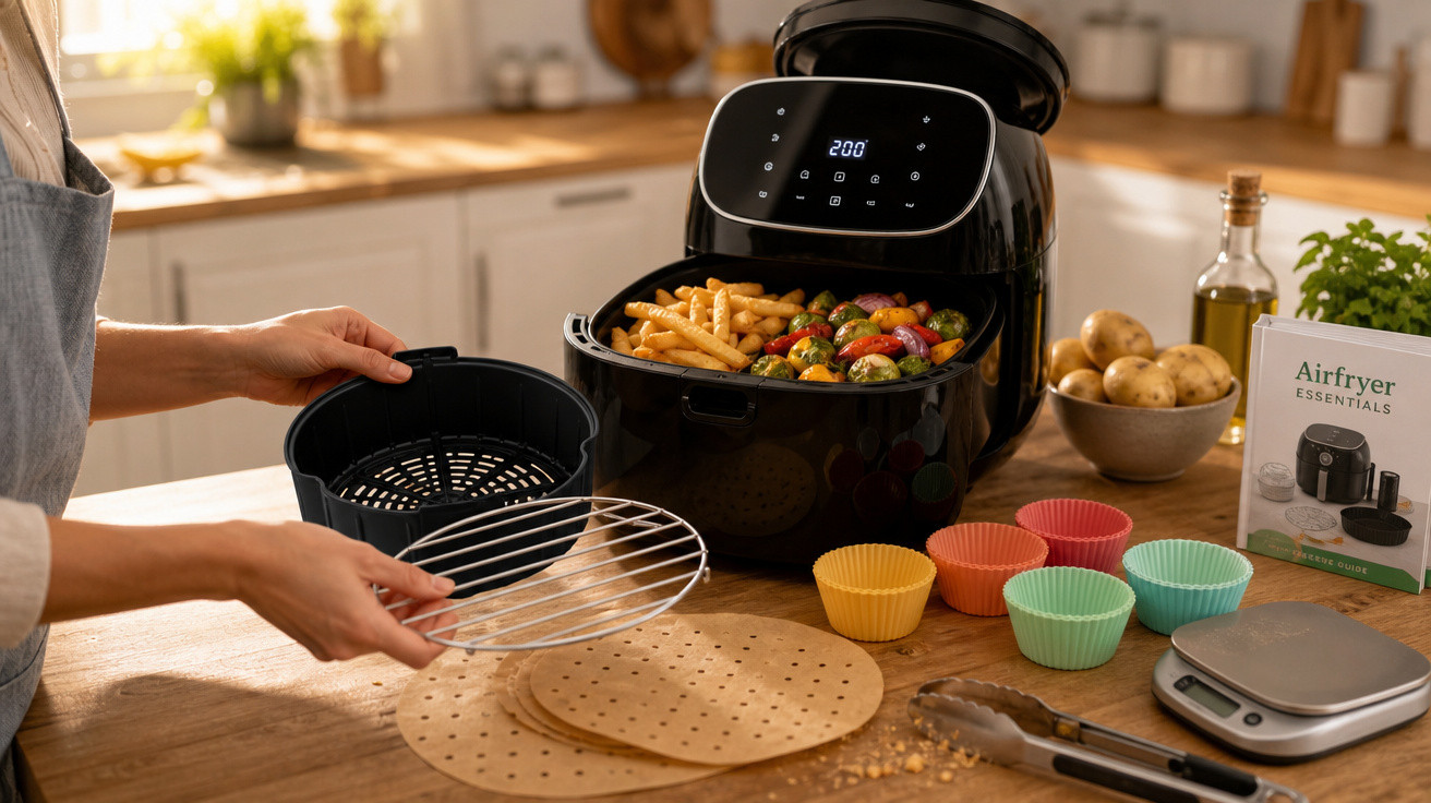 Pessoa preparando fritadeira elétrica com batatas, legumes e acessórios em cozinha iluminada.
