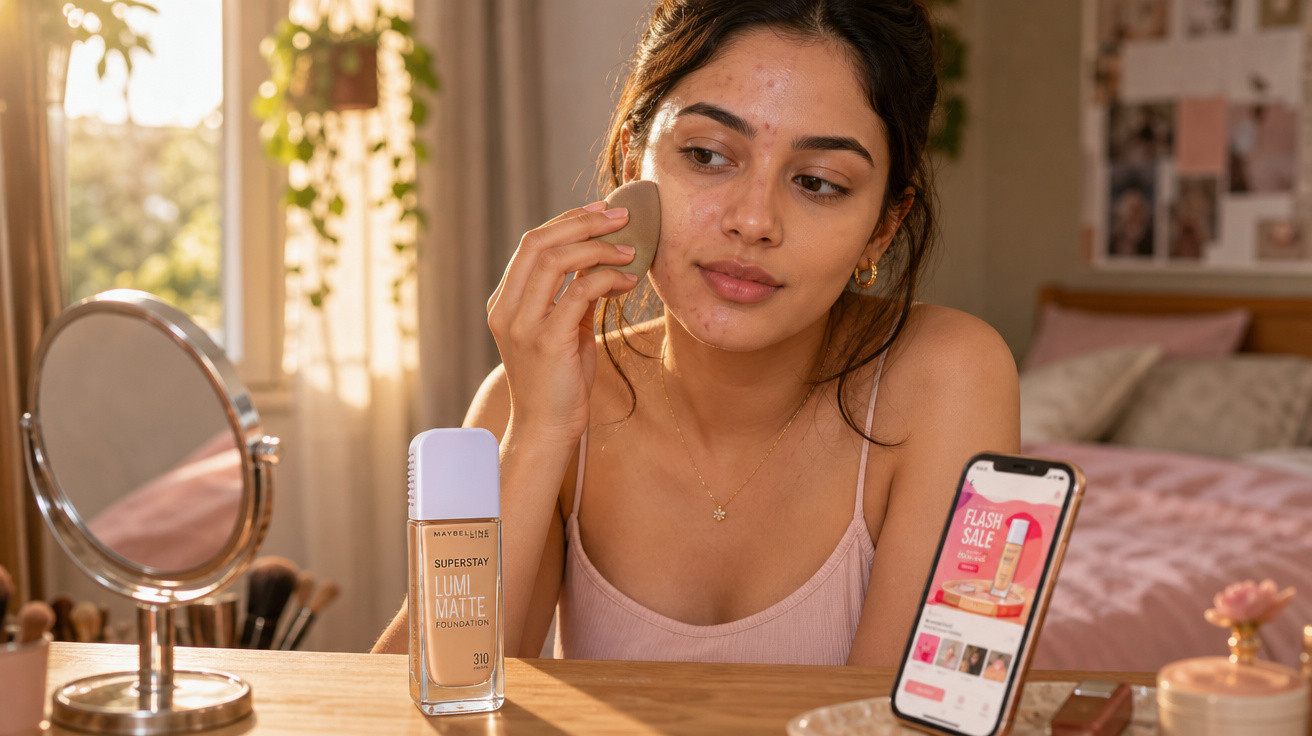 Jovem aplica base facial usando esponja em frente a espelho, smartphone com promoção de maquiagem na mesa.