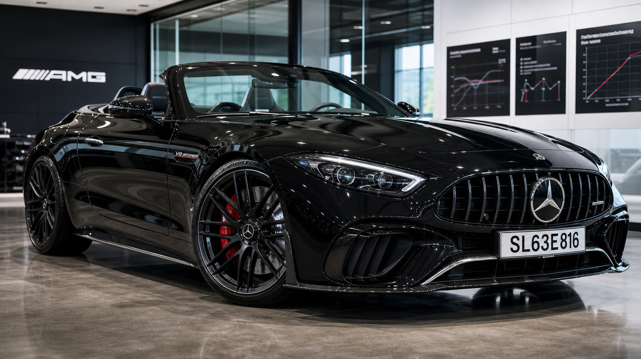 Carro conversível esportivo preto Mercedes-Benz AMG estacionado em showroom moderno.