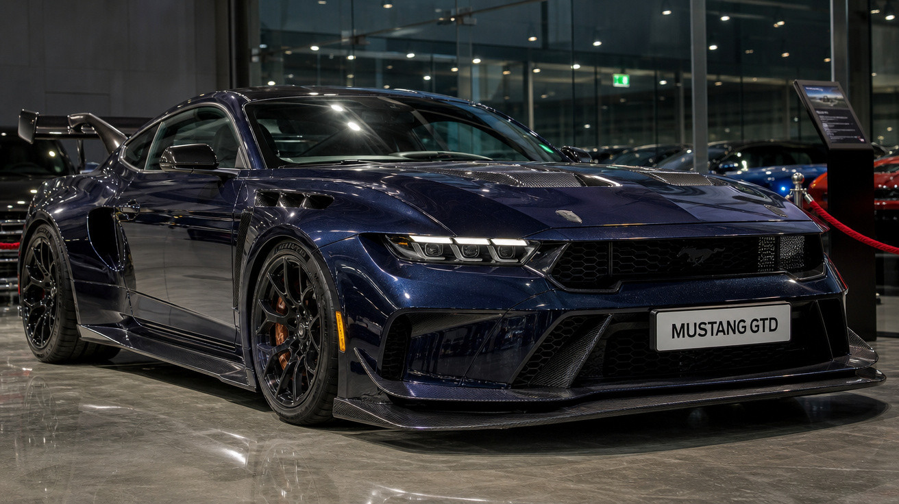Carro esportivo Ford Mustang GTD azul escuro em exibição dentro de showroom moderno e iluminado.