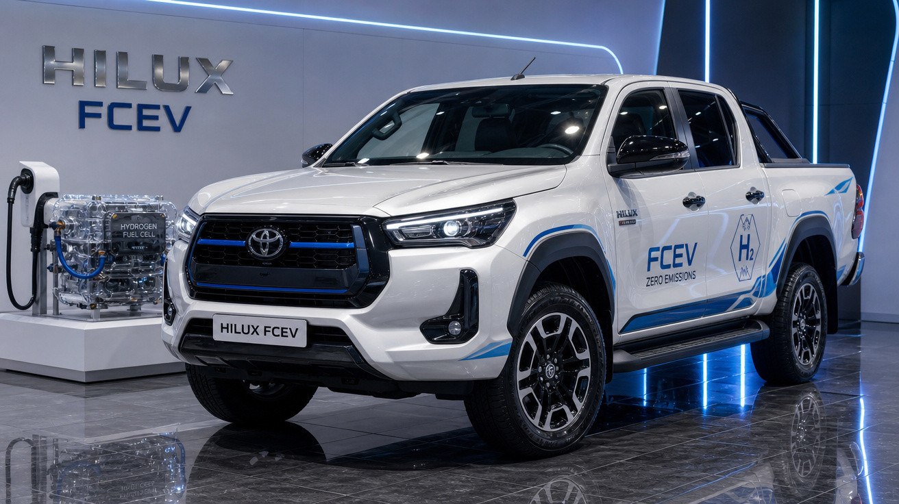 Picape Toyota Hilux FCEV branca elétrica a hidrogênio em exposição com display do motor ao lado.