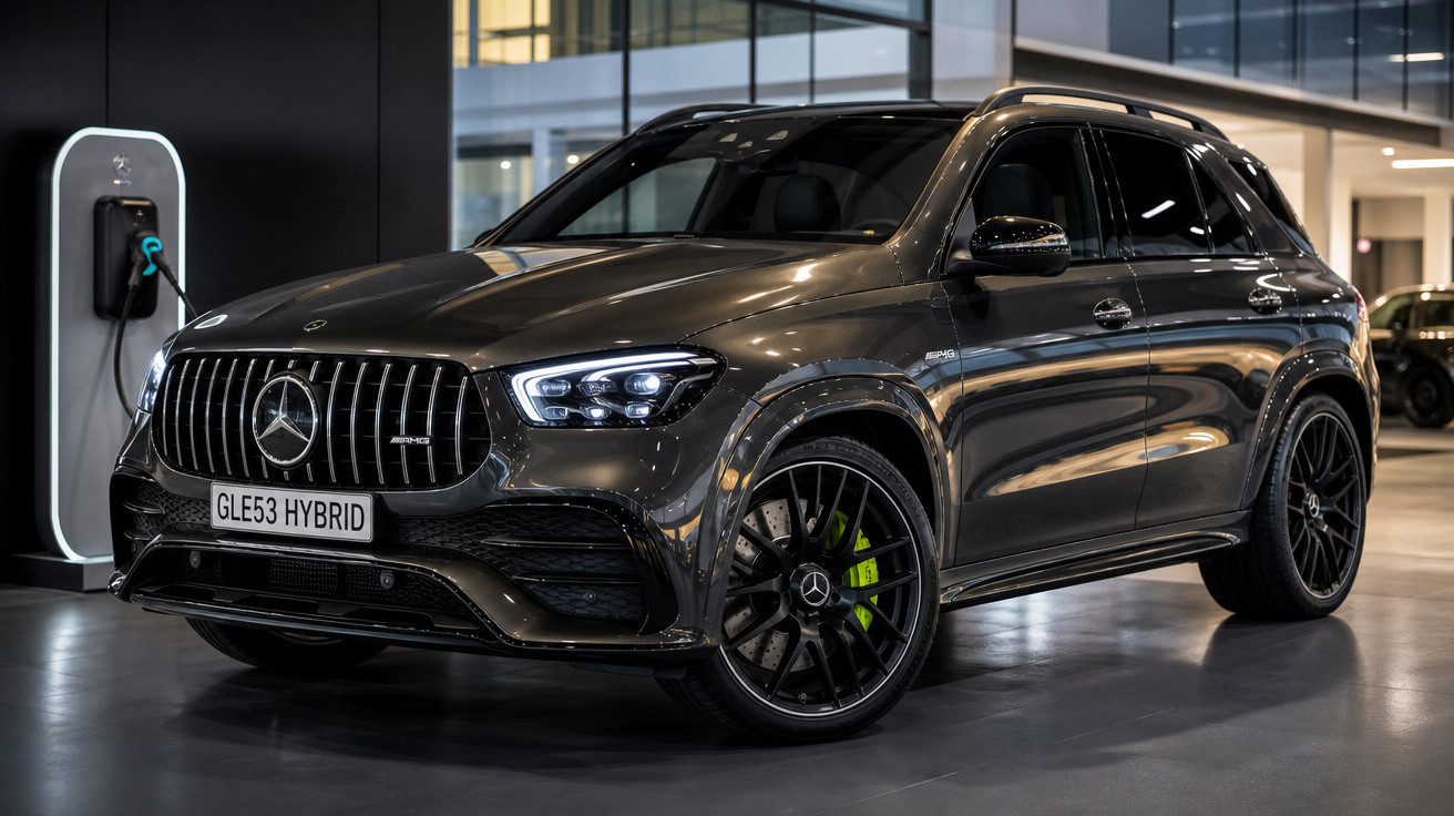 Carro SUV híbrido Mercedes-Benz preto carregando em estação elétrica dentro de prédio.