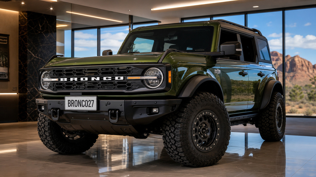 SUV Ford Bronco verde escuro estacionado em showroom com janelas panorâmicas e vista para montanhas.