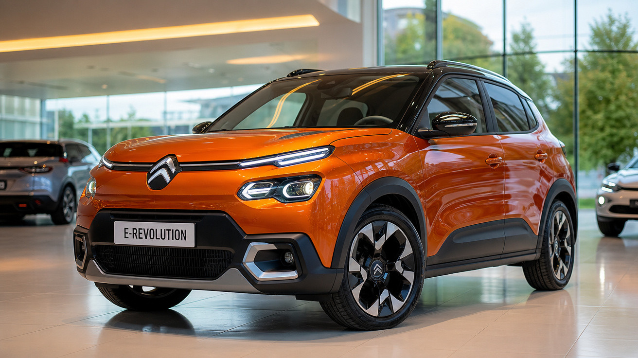 Carro SUV Citroën laranja modelo E-Revolution em showroom moderno e iluminado.