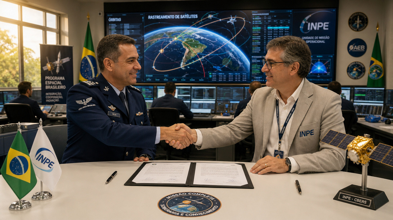 Dois homens apertam as mãos em sala de controle do INPE com mapas e satélites ao fundo.