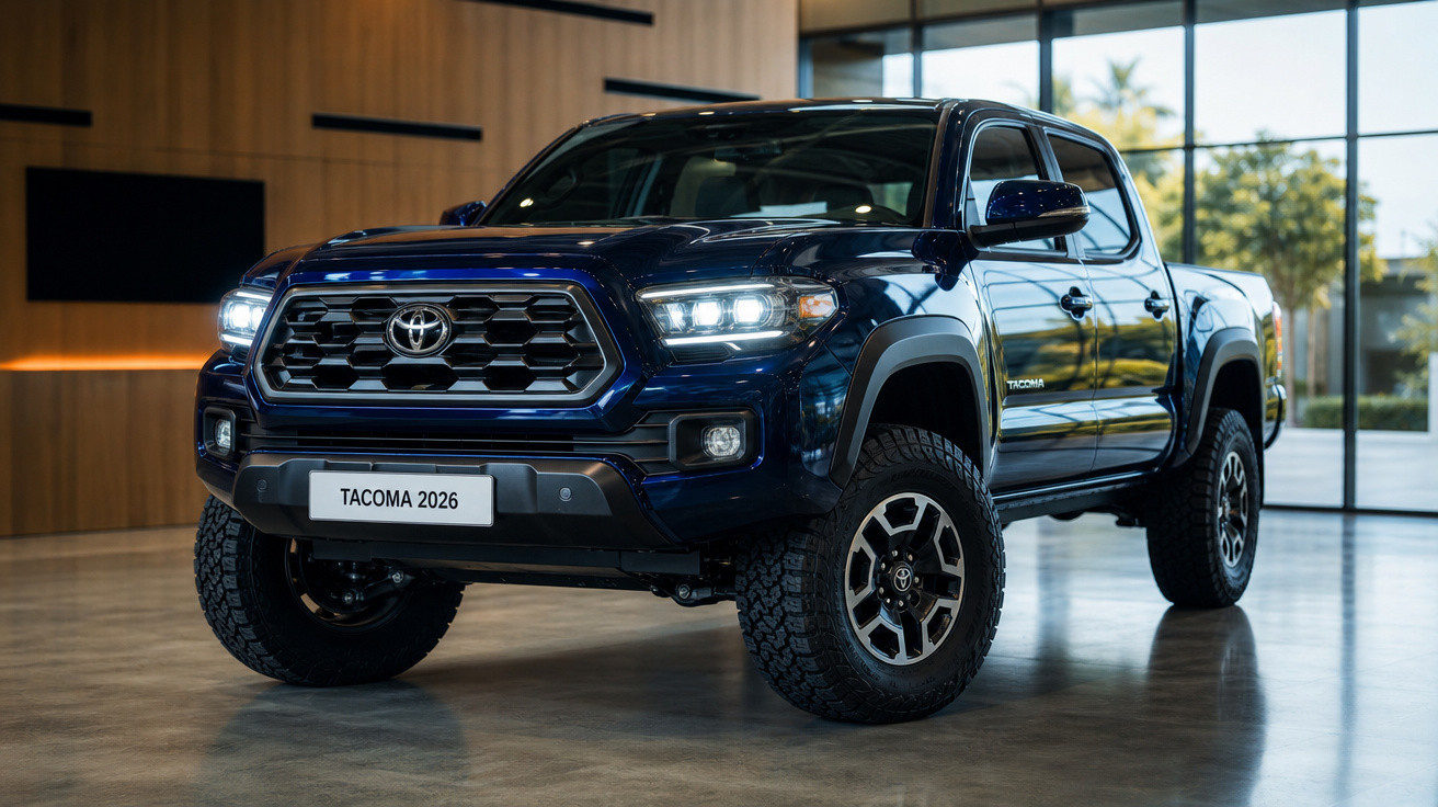 Picape Toyota Tacoma 2026 azul escuro em ambiente interno com faróis acesos.