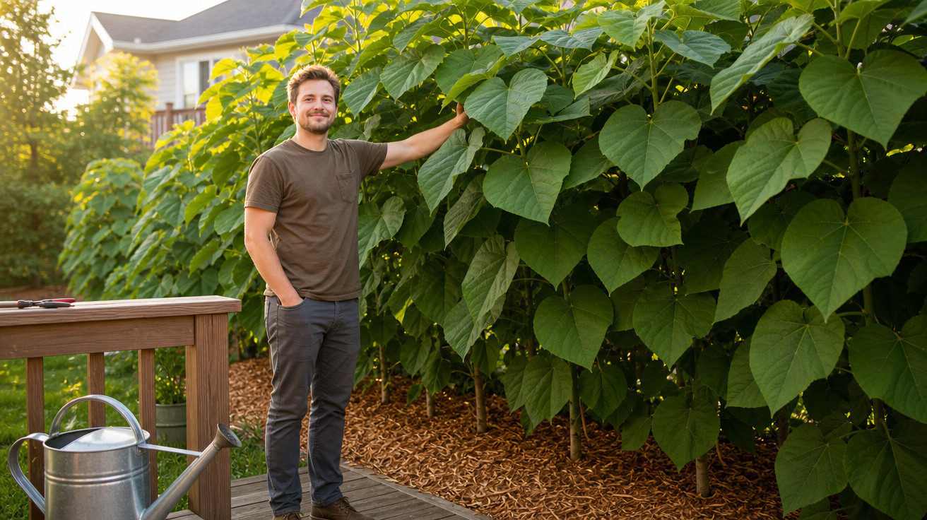 Homem sorridente ao lado de grandes plantas verdes em um jardim residencial ao pôr do sol.