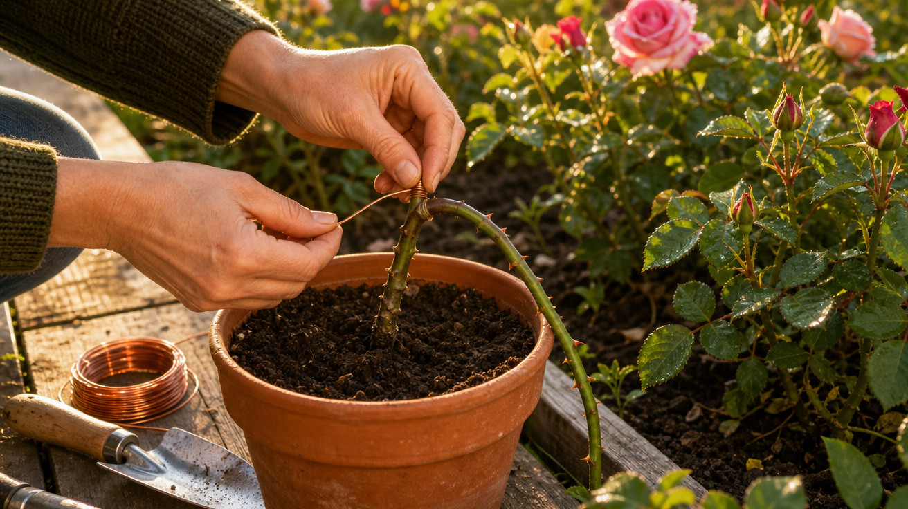 Mãos amarrando um caule de rosa em vaso de barro, com jardim de rosas ao fundo.