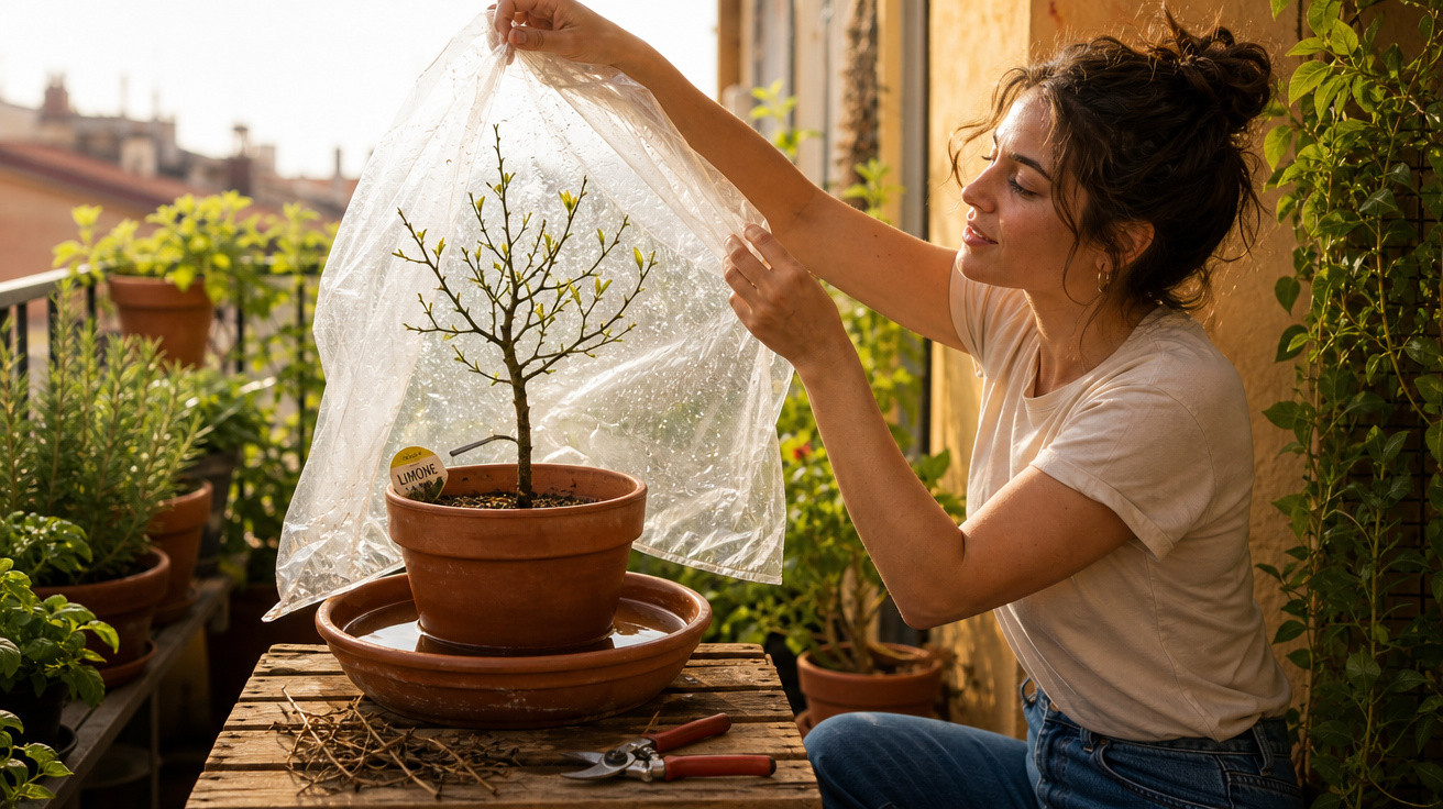 Mulher cobre muda de limoeiro com plástico transparente em varanda ensolarada com plantas em vasos.