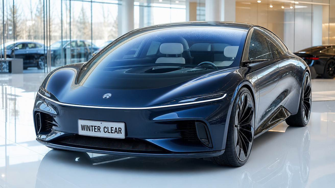 Carro elétrico esportivo azul escuro estacionado em loja moderna com placas "Winter Clear".