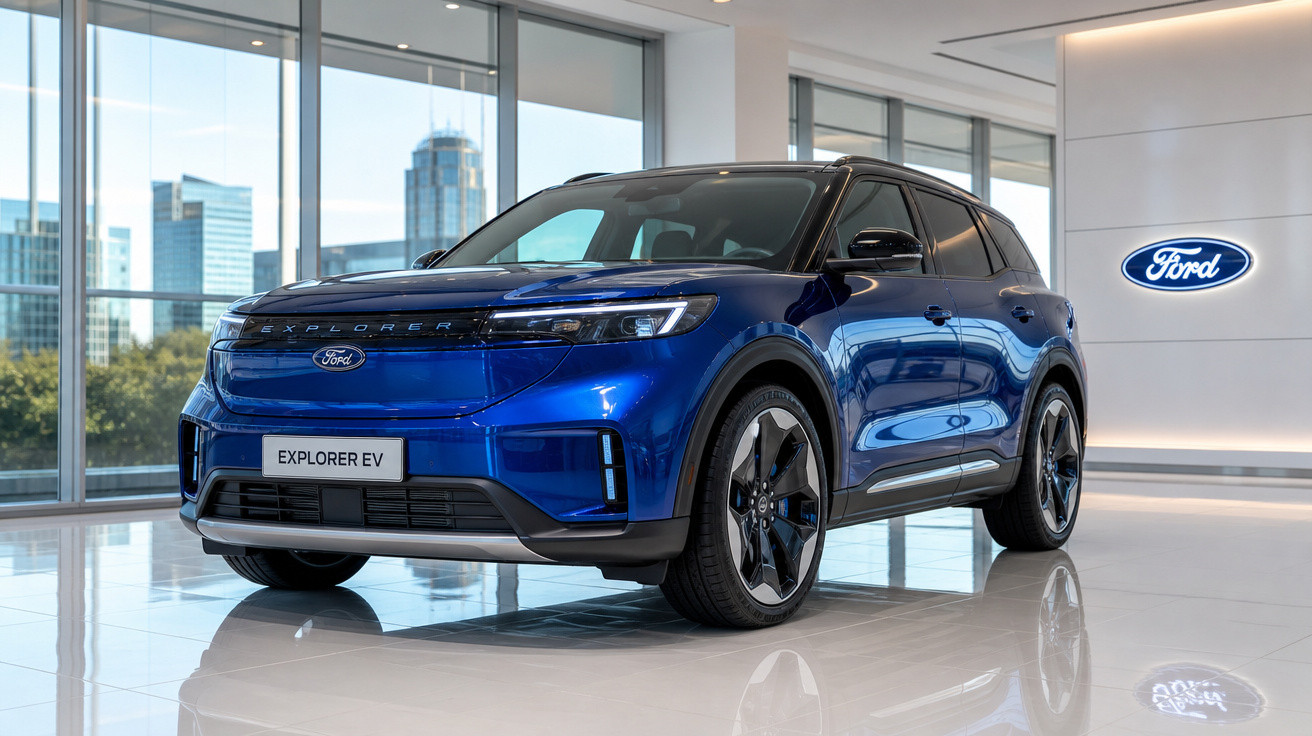 Carro elétrico SUV Ford Explorer EV azul em showroom moderno com piso brilhante e logo Ford na parede.