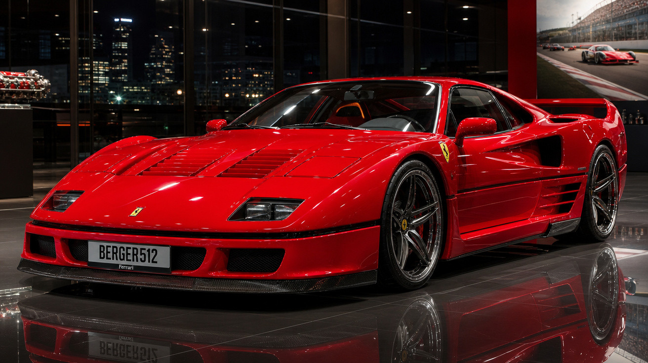 Carro esportivo Ferrari vermelho clássico exposto em ambiente moderno com reflexo no chão brilhante.