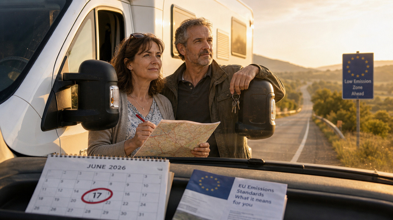 Casal em van olhando mapa na estrada ao pôr do sol, com calendário marcado em 17 de junho de 2026.