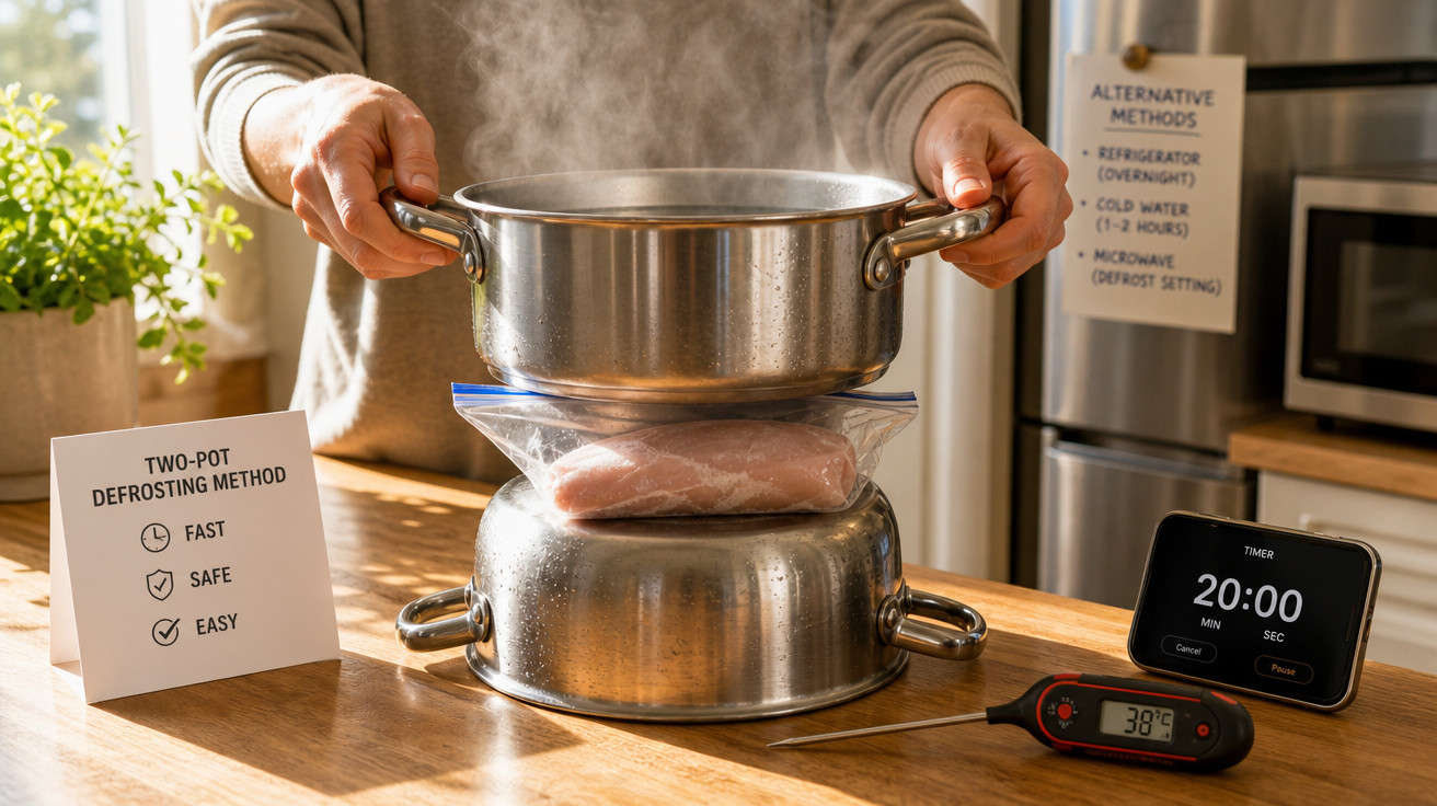 Pessoa usando método de descongelamento com duas panelas para descongelar carne na cozinha.