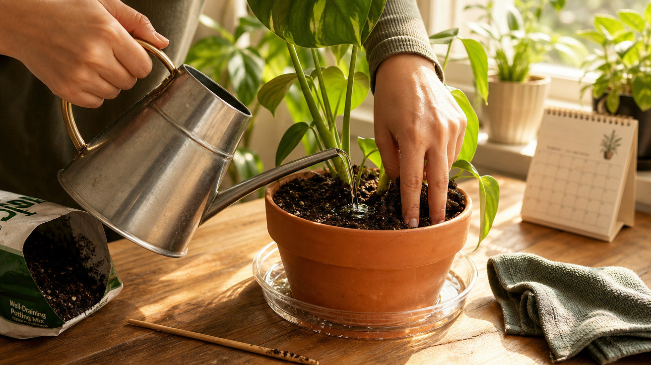Pessoa regando planta em vaso de barro com regador de metal sobre mesa de madeira clara.