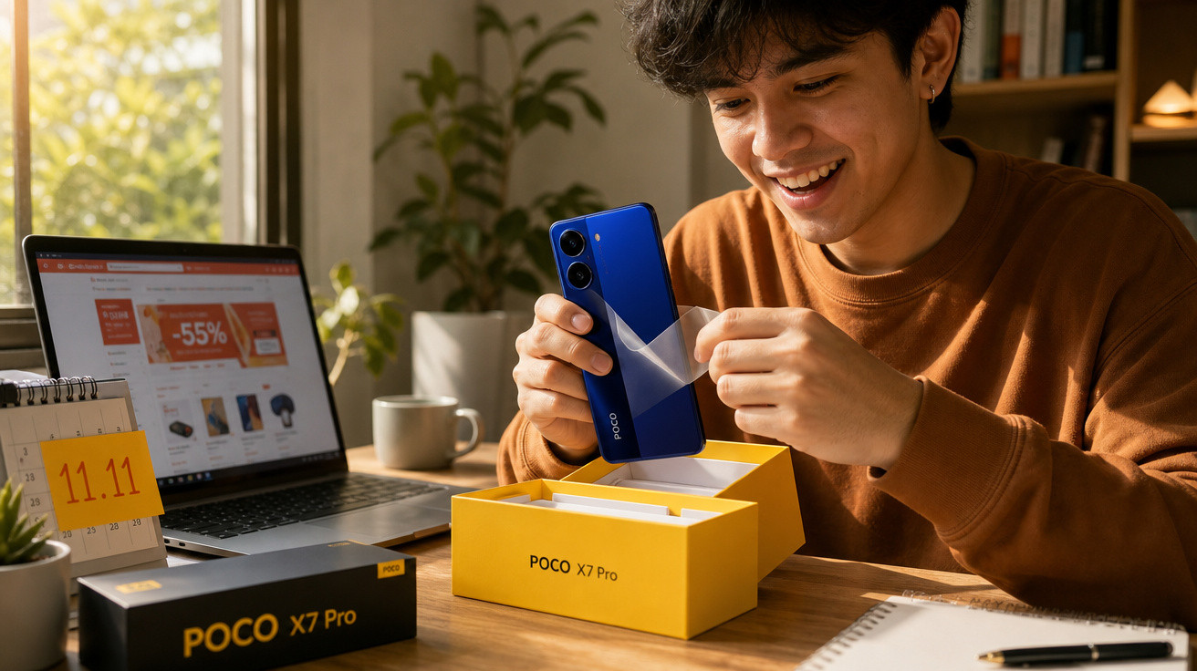 Jovem feliz desembrulhando smartphone azul POCO X7 Pro em mesa com notebook e calendário 11.11.