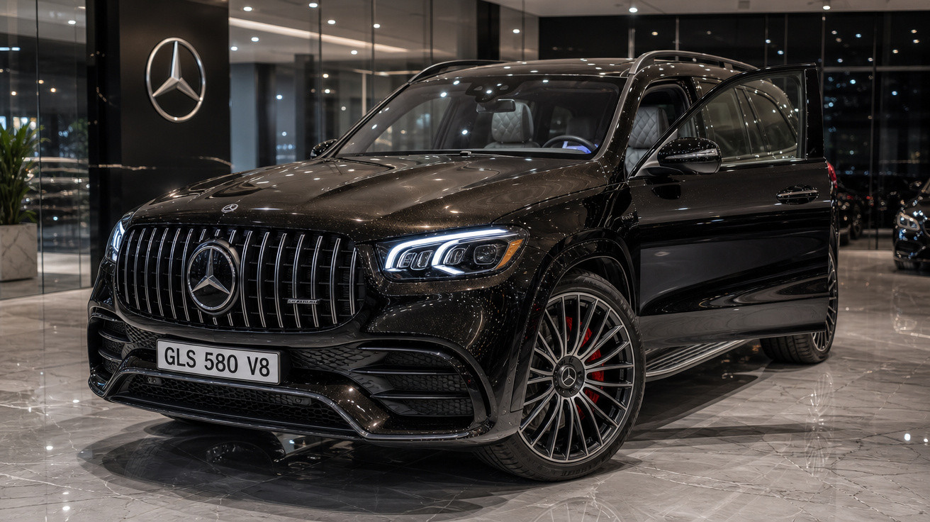 SUV Mercedes-Benz GLS 580 V8 preto em showroom com faróis acesos e detalhes cromados.