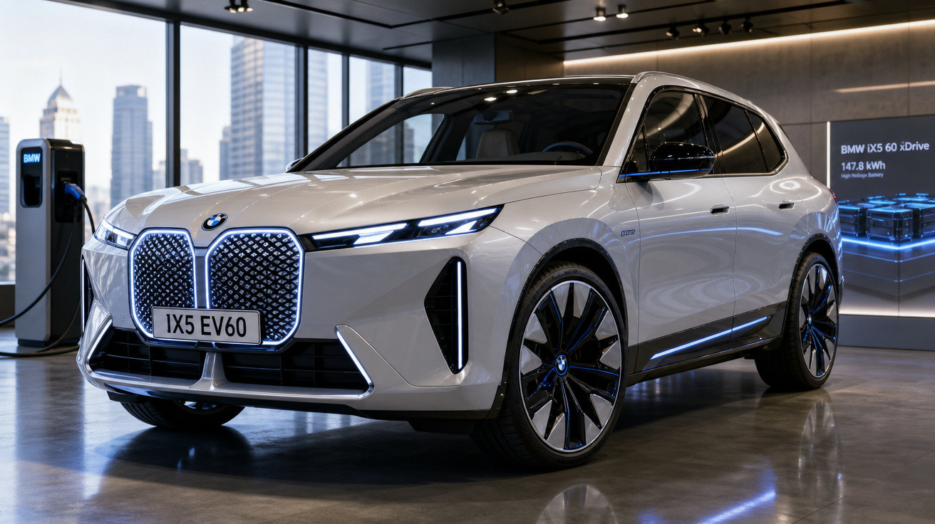 Carro elétrico BMW iX5 EV60 prata estacionado em showroom moderno com estação de recarga ao fundo.