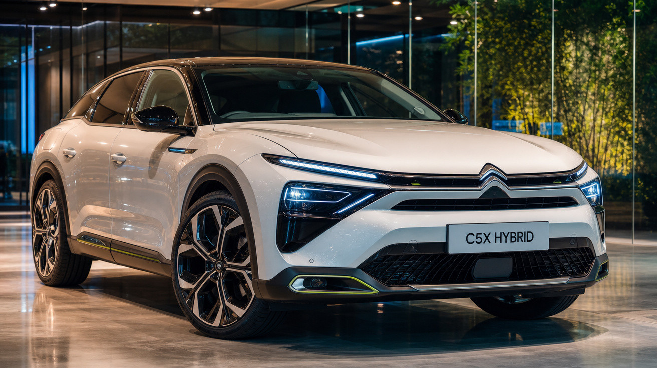 Carro Citroën C5X Hybrid branco exibido em salão com iluminação moderna e janelas de vidro.