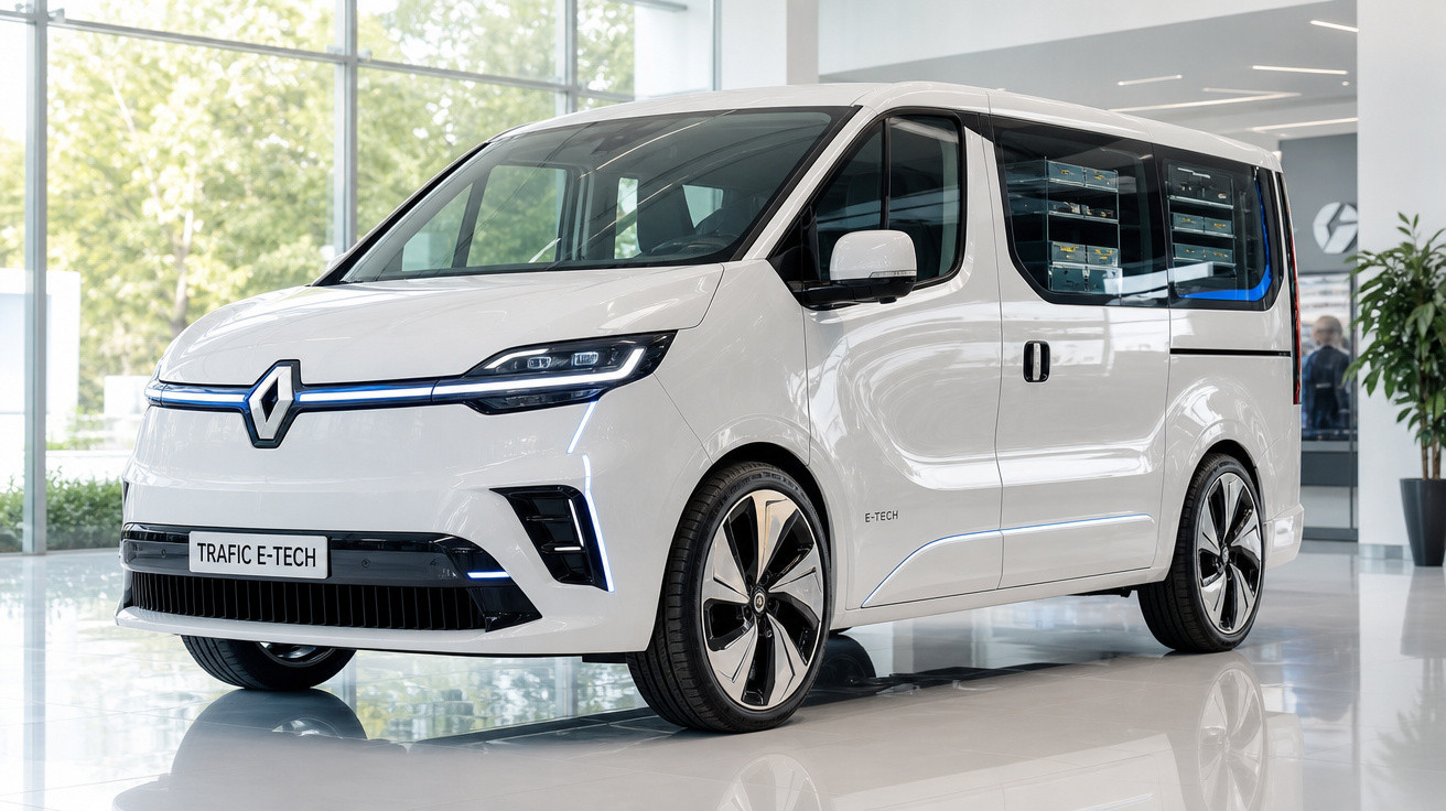 Van elétrica Renault Trafic E-Tech branca em showroom moderno e iluminado.