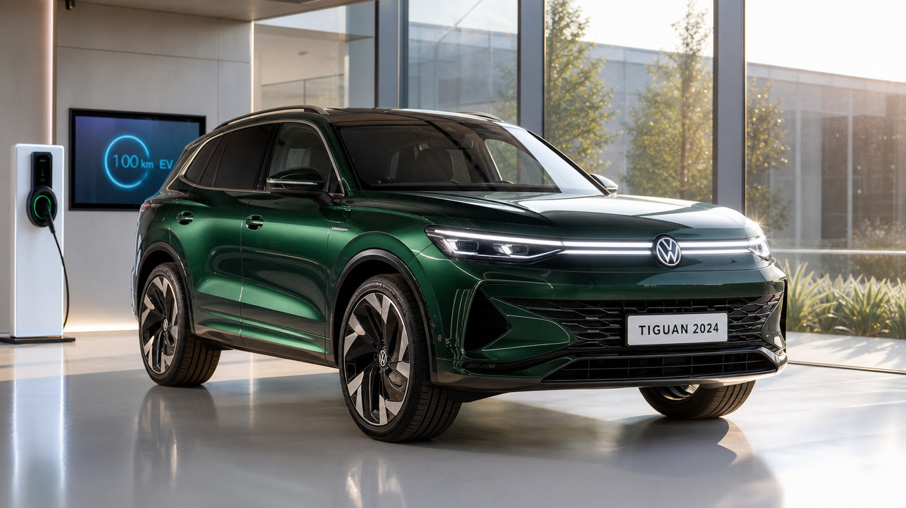 SUV Volkswagen Tiguan 2024 verde, elétrico, carregando em estação interna com luz natural.