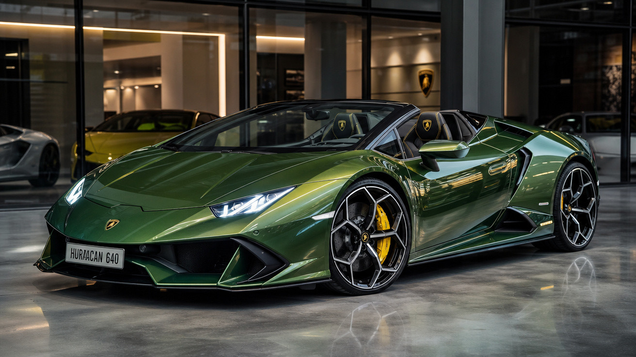 Carro esportivo Lamborghini Huracán verde metálico com interior preto exibido em showroom moderno.