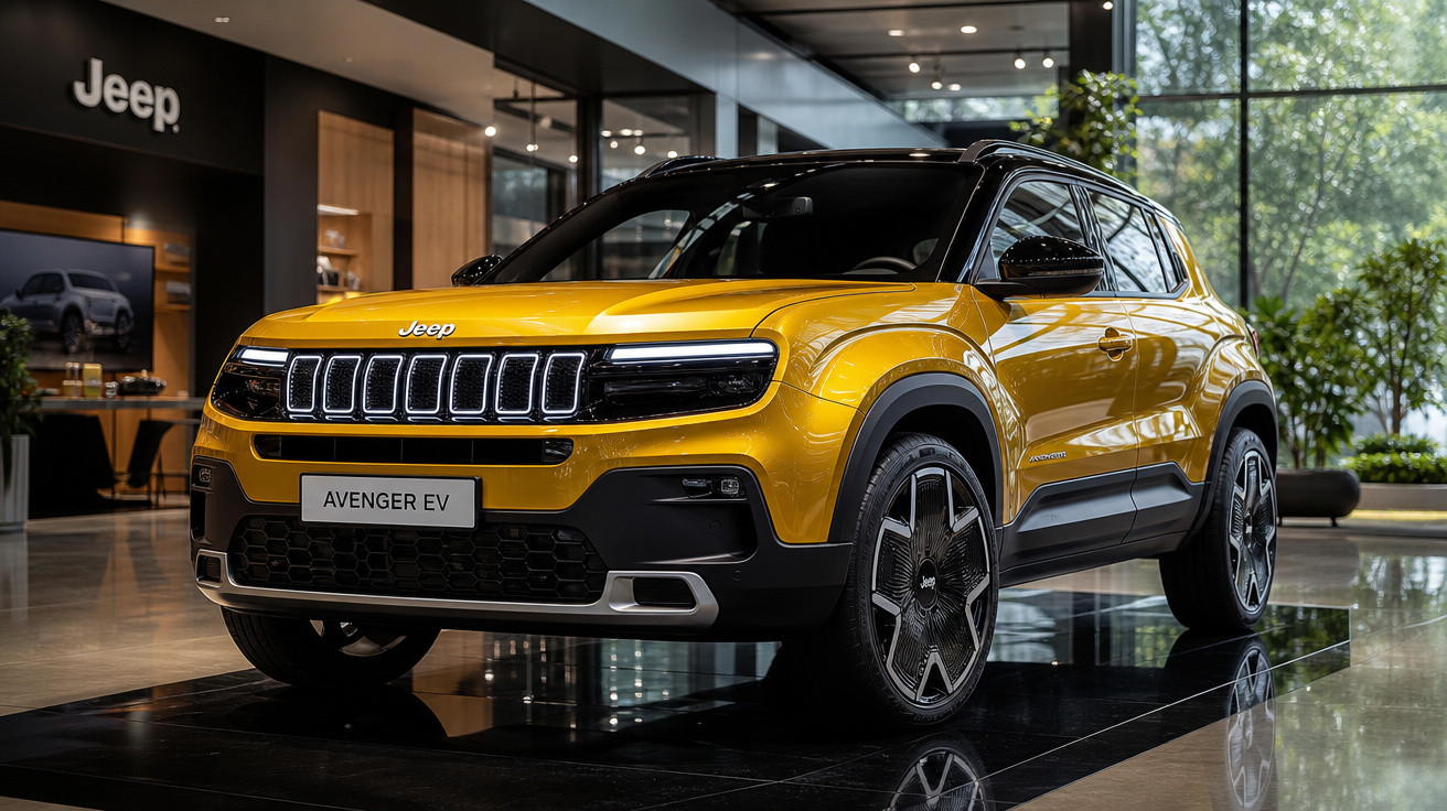 Jeep Avenger EV amarelo exibido em showroom moderno com iluminação natural e piso reflexivo.