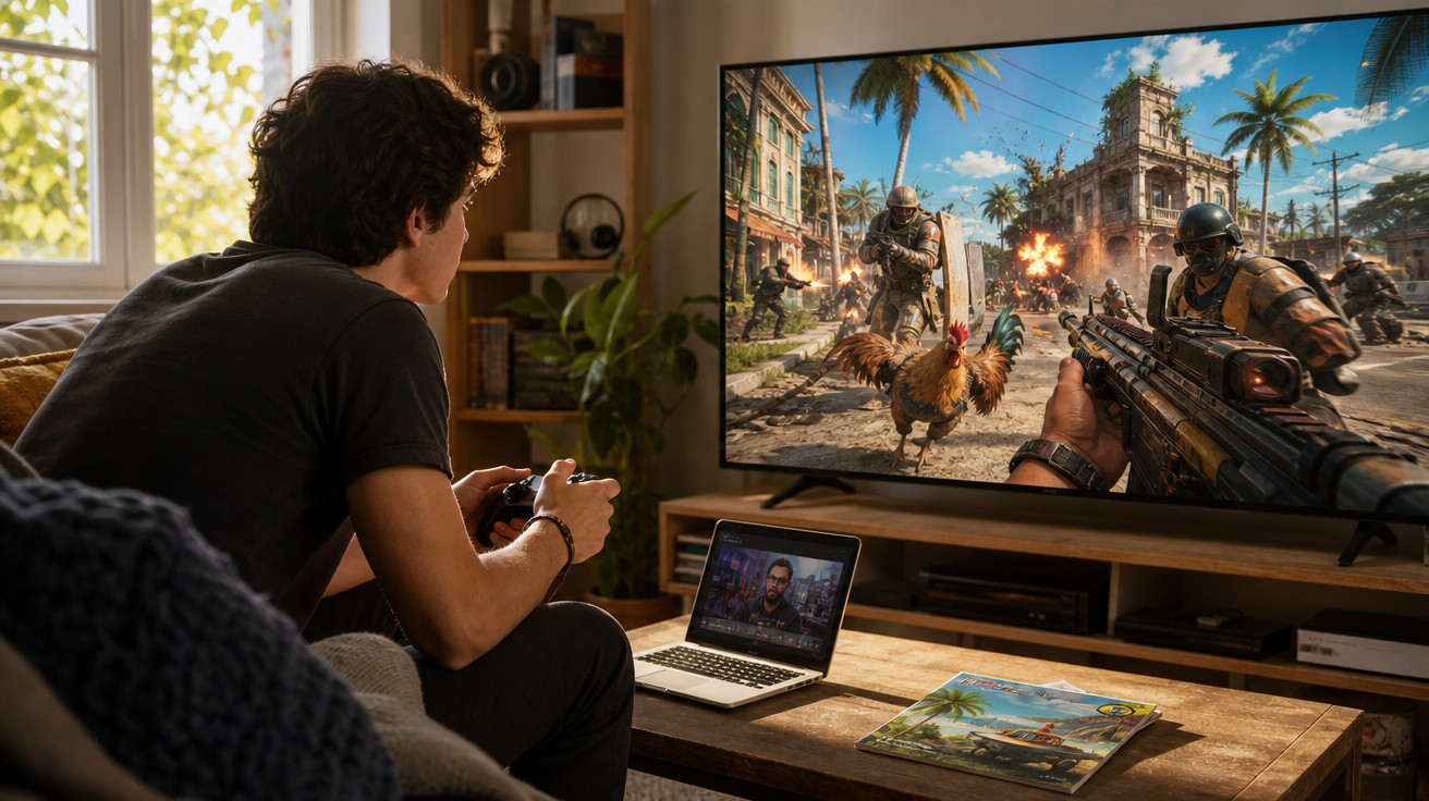 Jovem sentado no sofá jogando videogame de tiro em TV grande em sala iluminada.