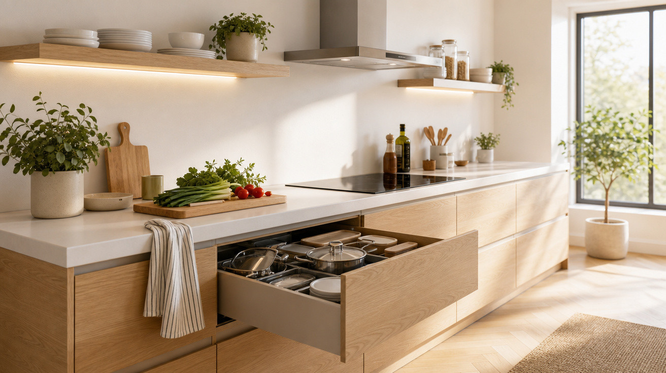 Cozinha moderna com armários de madeira claros, bancada branca, vegetais, utensílios e iluminação natural.