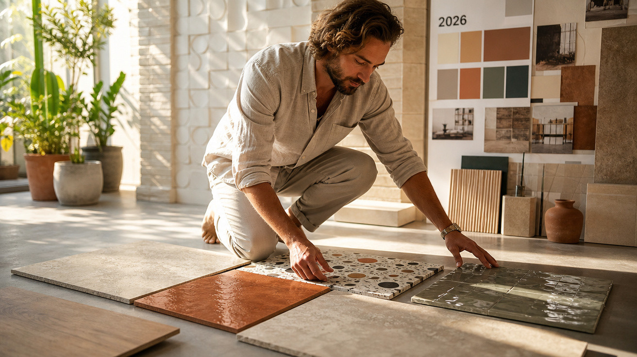 Homem analisando amostras de revestimentos cerâmicos em ambiente com plantas e painel de cores ao fundo.