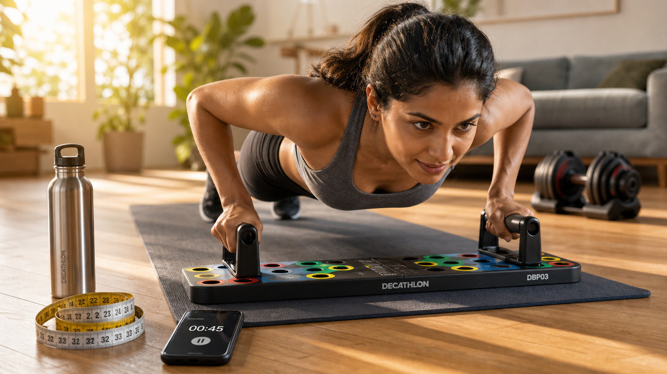 Mulher fazendo flexão com suporte em prancha de exercícios em sala iluminada com garrafa, fita métrica e celular ao lado.