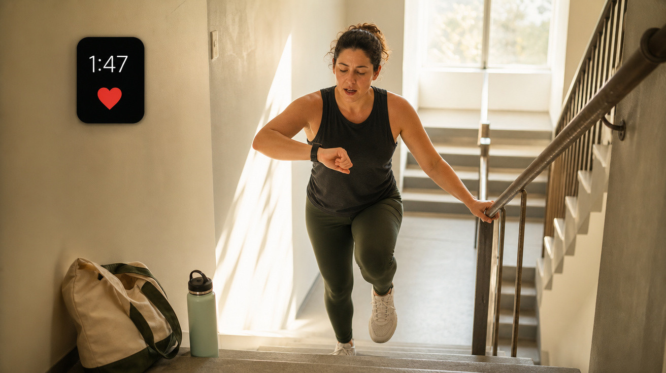 Mulher correndo escada acima segurando corrimão e olhando relógio fitness, bolsa e garrafa ao lado.