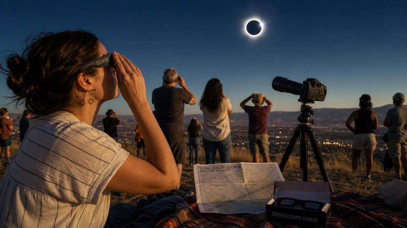 Pessoa usando óculos especiais observa eclipse solar total com outras pessoas e câmera em tripé ao ar livre.