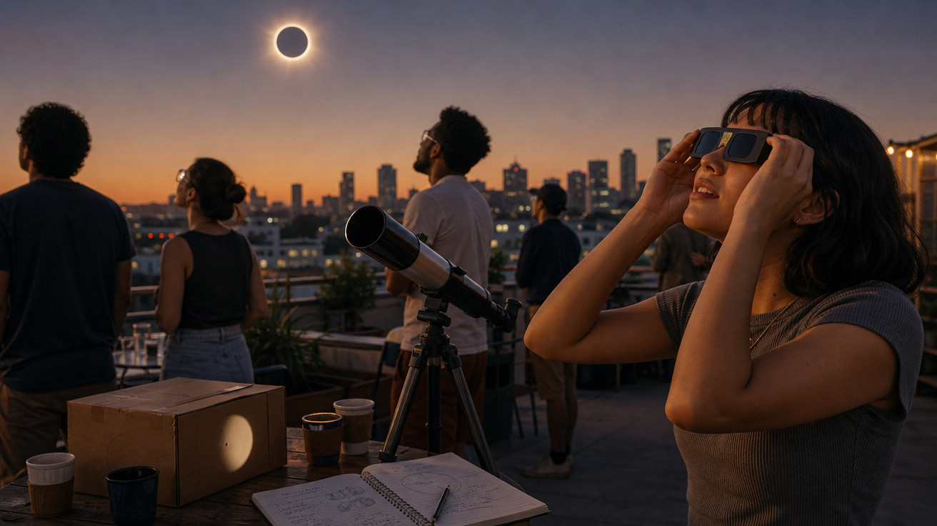 Pessoa observa eclipse solar com óculos especiais em terraço, com telescópio e cidade ao fundo.