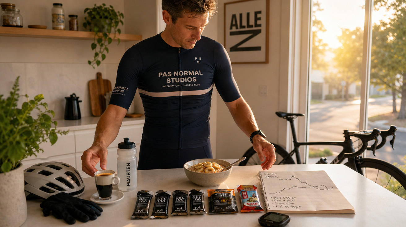 Homem com roupa de ciclismo organiza café da manhã e suplementos ao lado de bicicleta em cozinha iluminada.