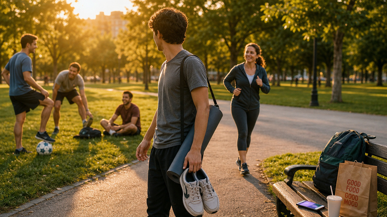 Jovens praticando esportes e correndo no parque ao entardecer em dia ensolarado.