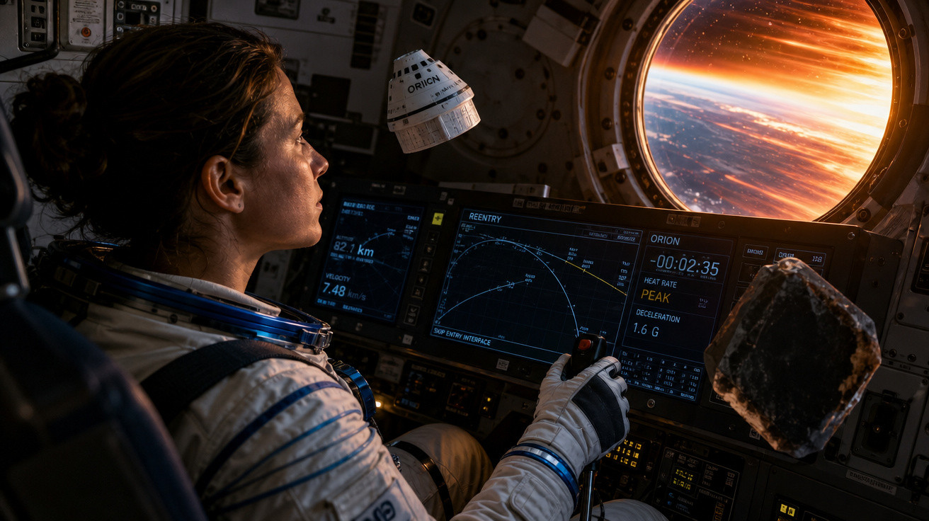 Astronauta dentro de espaçonave controlando nave com visão da Terra pela janela durante reentrada atmosférica.