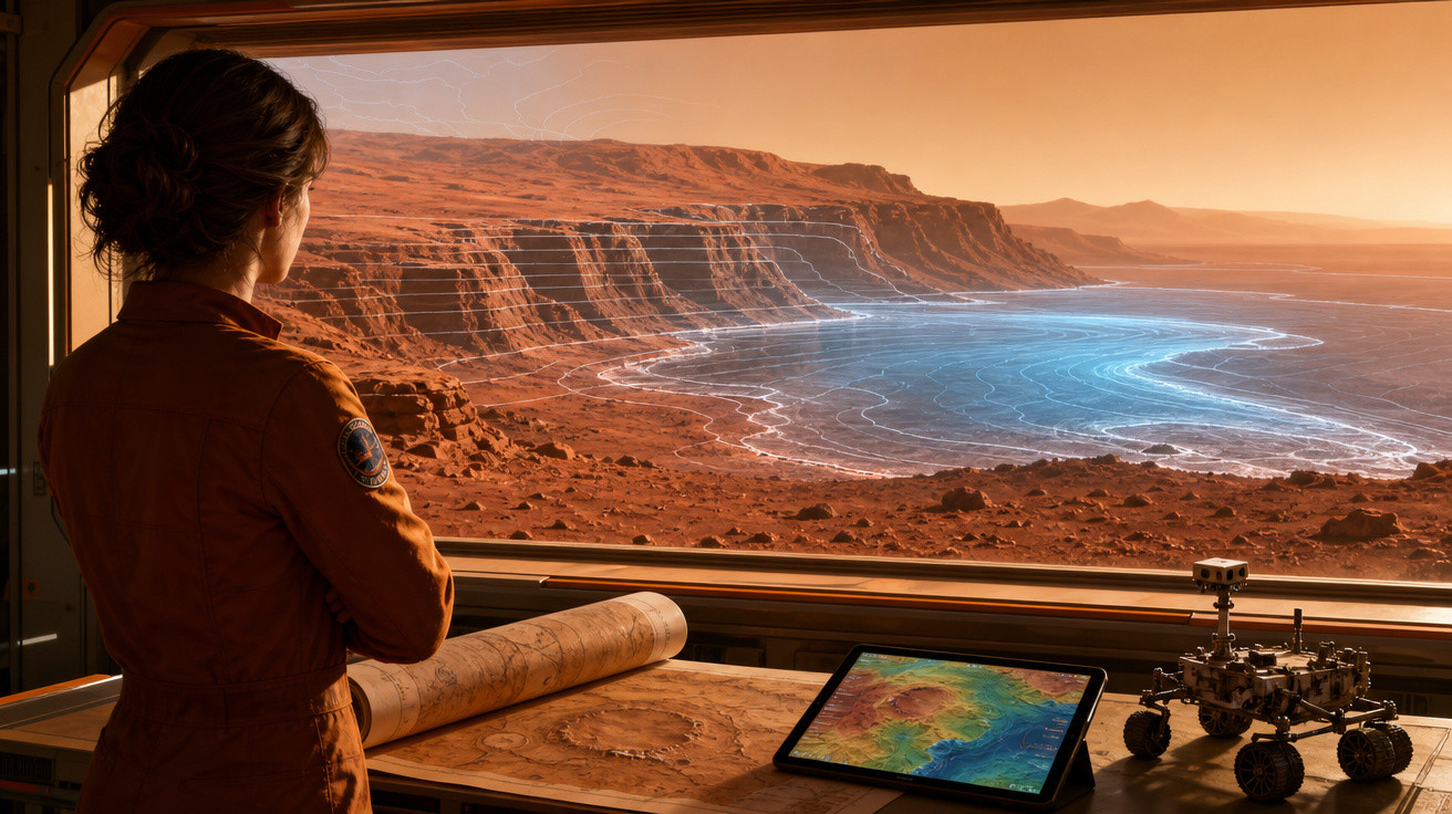 Mulher em traje espacial observa paisagem marciana com mesa, mapa, tablet e rover em ambiente interno.