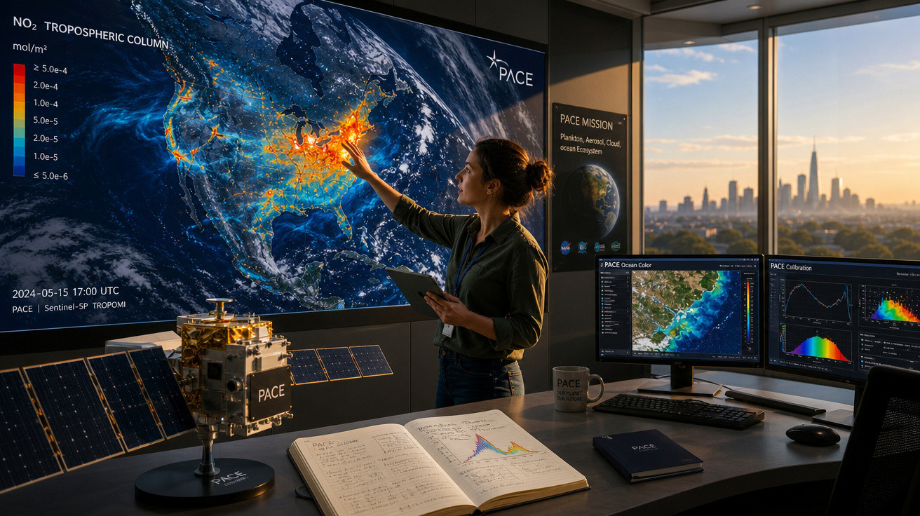 Mulher analisando mapa de poluição atmosférica em tela grande, com modelo de satélite e equipamentos tecnológicos.