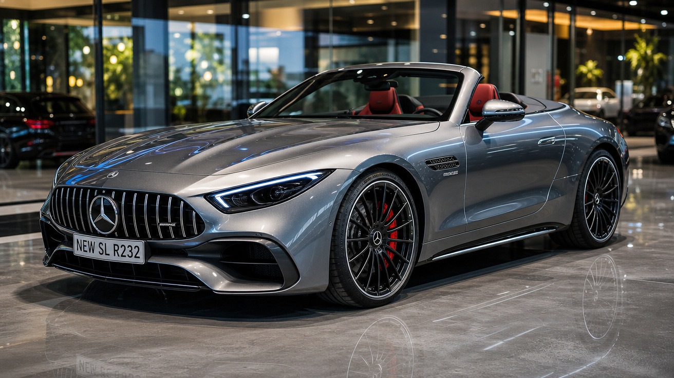 Carro esportivo conversível Mercedes-Benz prata com interior vermelho em showroom moderno.