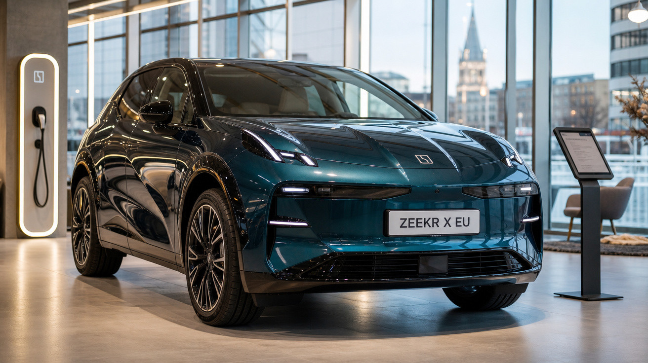 Carro elétrico Zeekr X EU azul em showroom moderno com estação de recarga e painel informativo.