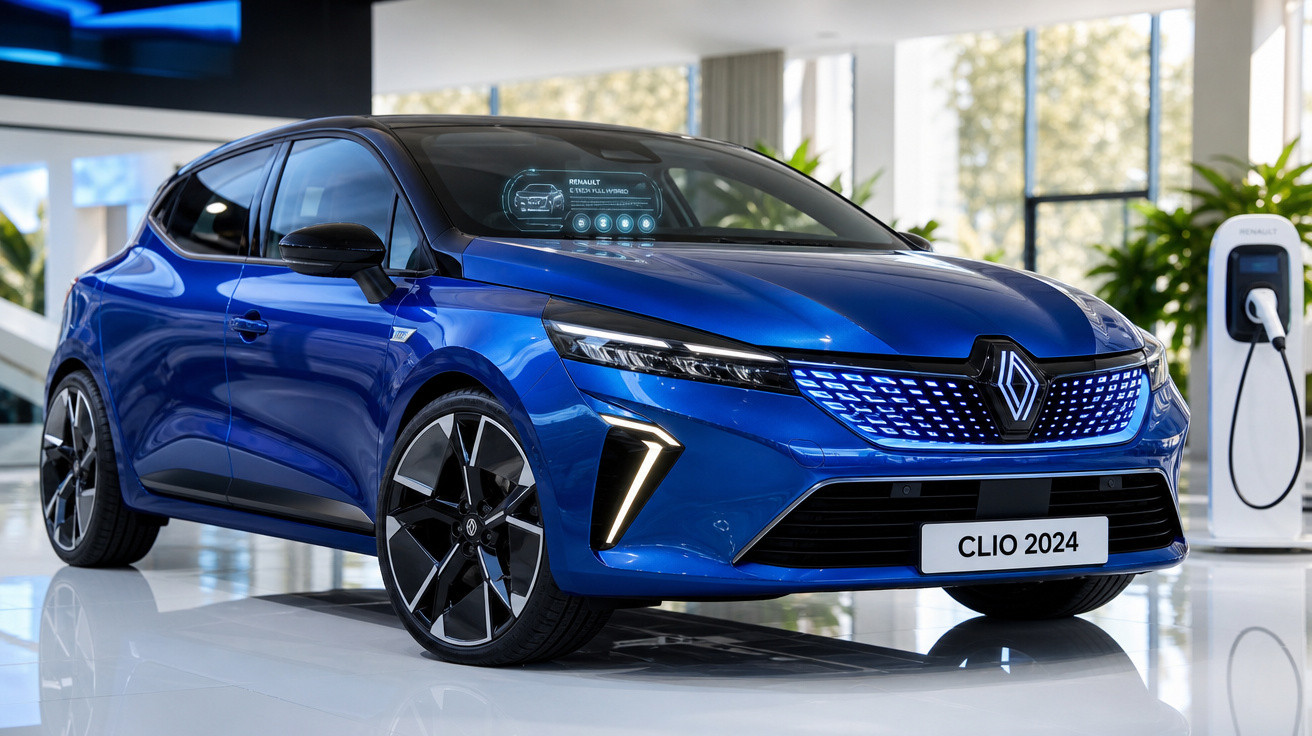 Carro elétrico Renault Clio 2024 azul, com design moderno e carregador elétrico ao fundo.