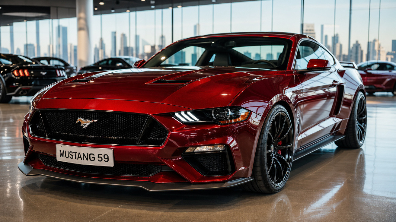 Carro esportivo Mustang vermelho brilhante em showroom com grandes janelas e vista da cidade ao fundo.